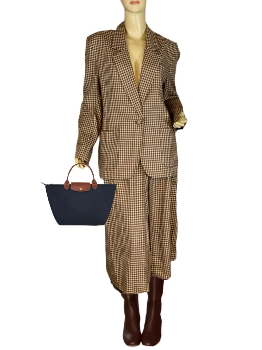 VINTAGE 1980'S JH COLLECTIBLES BROWN, TAN & BLUE PLAID WOOL BLEND SKIRT SET (8)